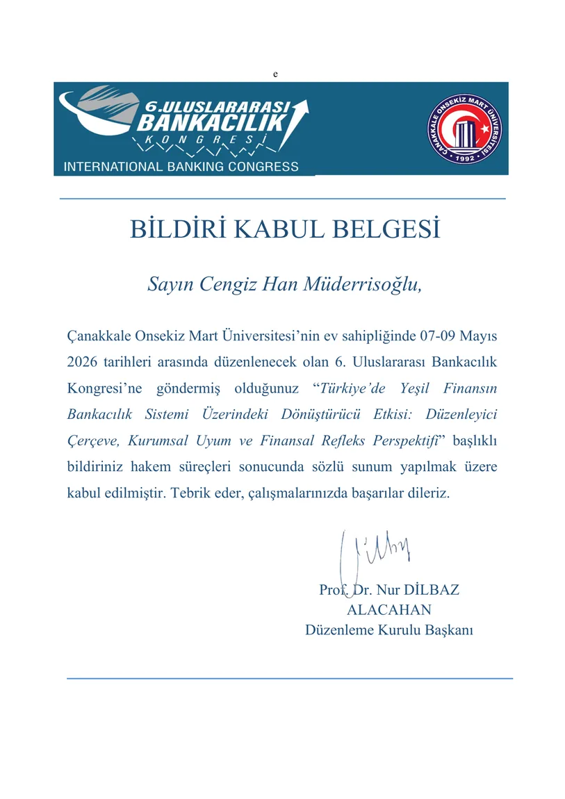 6. Uluslararası Bankacılık Kongresi bildiri kabul belgesi